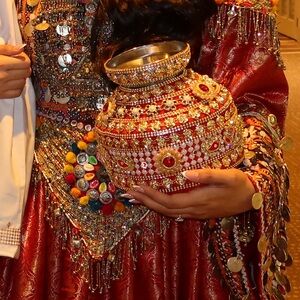 Indian/Pakistani/Afghan Red and Gold Embellished Pot/Vase
